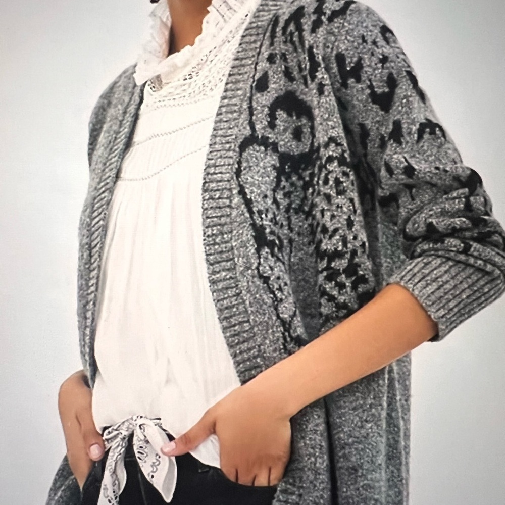 Anthropology Averie open front Gray Leopard Print Women's Sweater - Picture 2 of 8